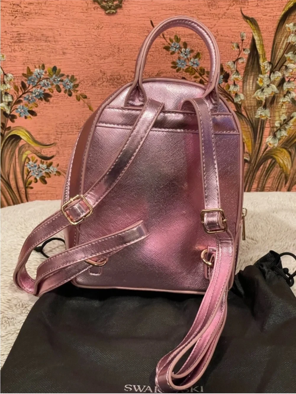 Swarovski Metallic Rose Pink Mini Backpack with Crystal Logo LIKE NEW